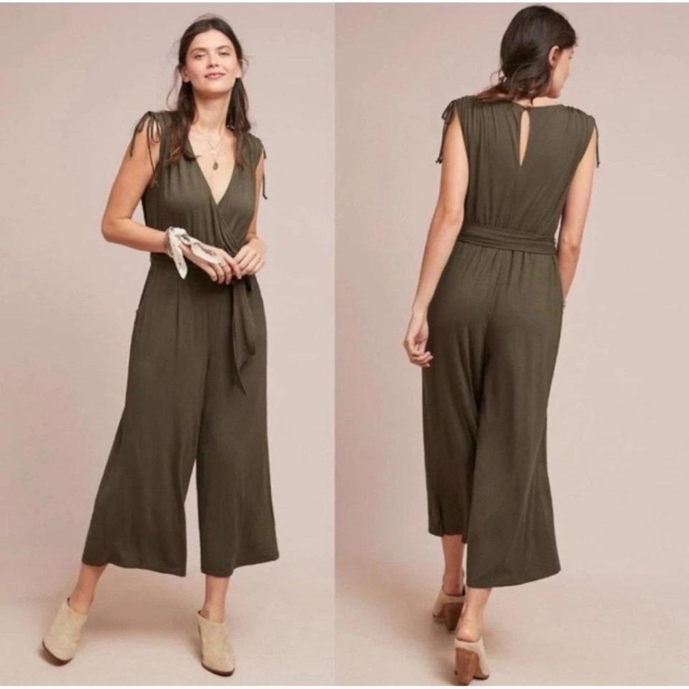 Moulinette Soeurs Anthropologie Wide Leg Jumpsuit Olive Green Wrap XS Pockets